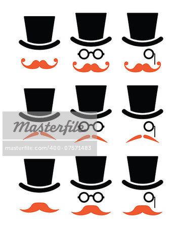 Senior, gentleman with ginger mustache and glasses icons isolated on white