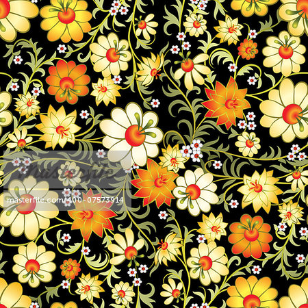 abstract seamless yellow floral ornament with spring flowers isolated on black