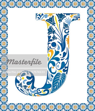 Blue floral capital letter J in frame made of Portuguese tiles