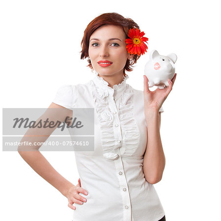 Finance - Woman looking at piggy bank on white background