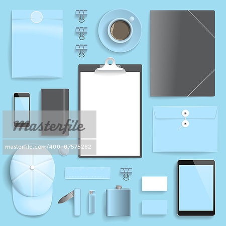Corporate identity template on blue background. Use layer "Print" in vector file to recolor objects. Eps-10 with transparency.