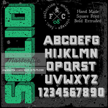 Handmade retro font. 3d extruded type. Grunge textures placed in separate layers. Vector illustration.