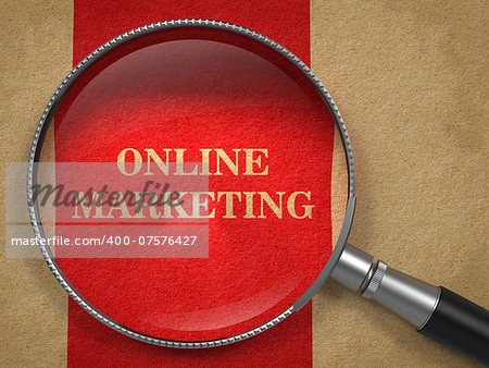 Online Marketing Concept. Magnifying Glass on Old Paper with Red Vertical Line Background.