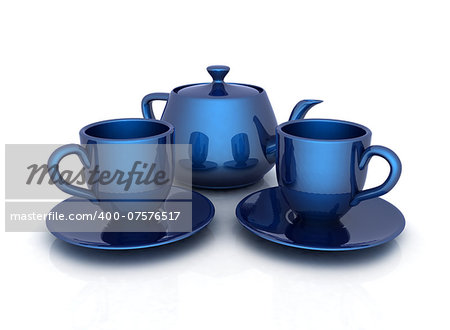 3d cups and teapot on a white background