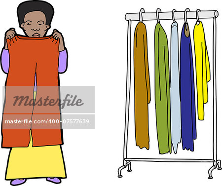 Female shopper comparing clothes on isolated background
