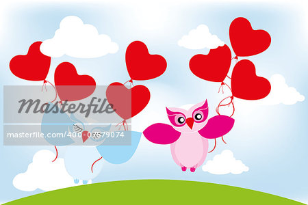 Valentine day lovely owls with balloons greeting card without text