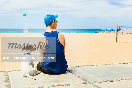 dog with owner looking at the beach