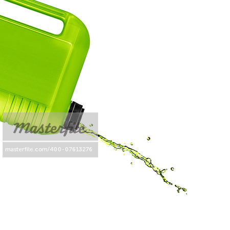 opened plastic gallon, jerry can with splash  isolated on a white background.  (with clipping work path)