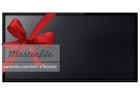 Black LCD tv screen hanging on a wall with red ribbon.  (with clipping work path)