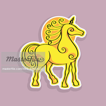 Cartoon fantastic unicorn sticker, hand drawn doodle illustration of a baby animal on a pink background