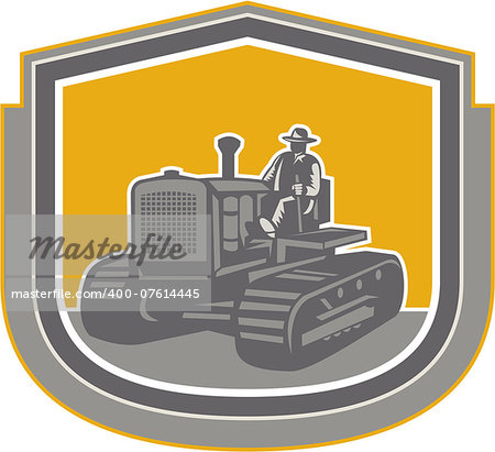 Illlustration of a farmer worker driving riding a vintage tractor plowing farm field set inside shield crest done in retro style on isolated background.
