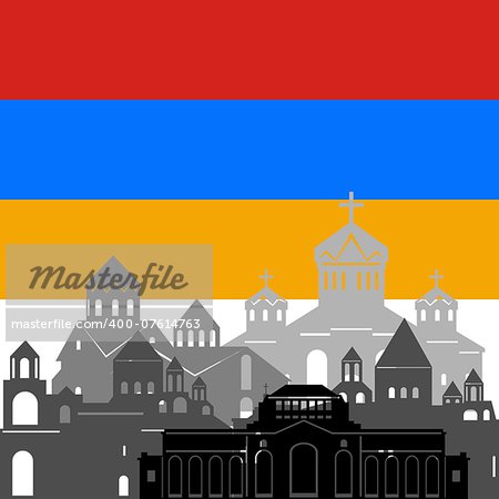 State flags and architecture of the country. Illustration on white background.