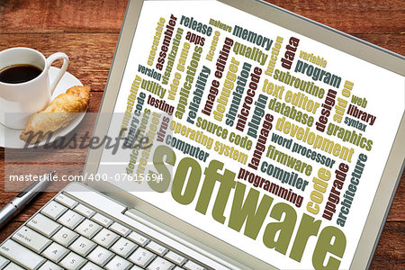 software word cloud on a laptop with a cup of coffee