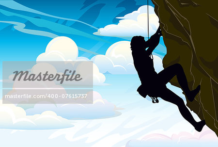 Silhouette of man climbing on a rock on the sky background.