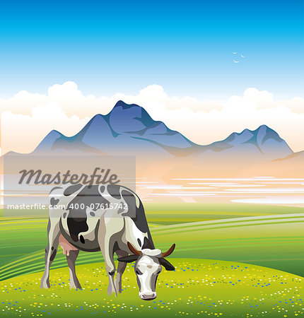 Cartoon cow and rural meadow with green grass on the mountain background. Natural landscape.