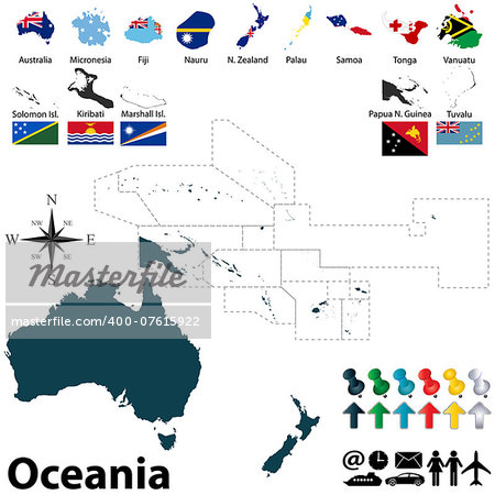 Vector of political map of Oceania set with buttons flags on white background