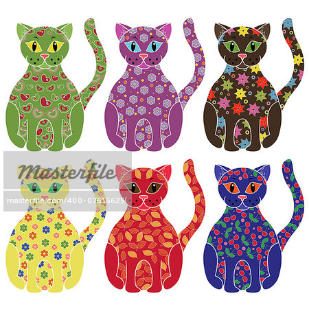 Set of six colourful vector cats with lace ornamental bodies and without contour lines, isolated on white background