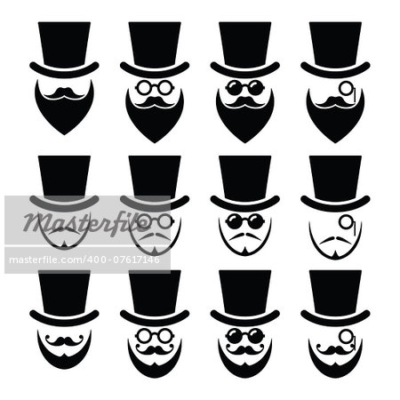 Senior, gentleman with beard and glasses icons isolated on white