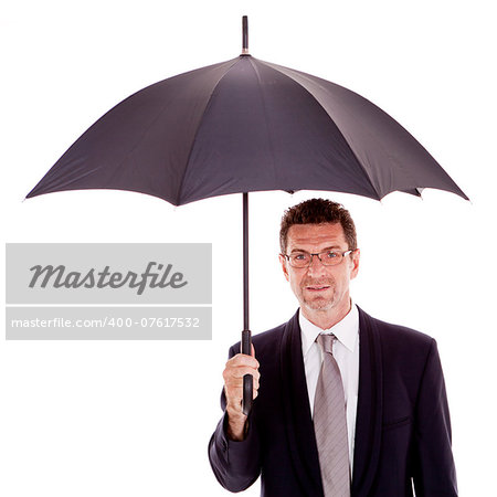 mature attractive business man with umbrella isolated on white