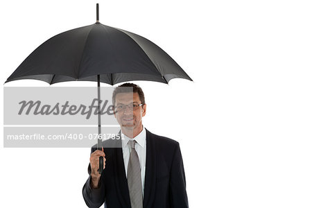 mature attractive business man with umbrella isolated on white