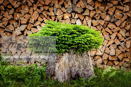 Detail of tree planted in a pot from trunk with firewood background
