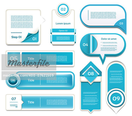 Set of blue vector progress, version, step icons. eps 10