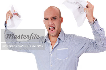 businessman angry expression paperwork isolated on white