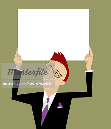 Businessman holds a banner under his head