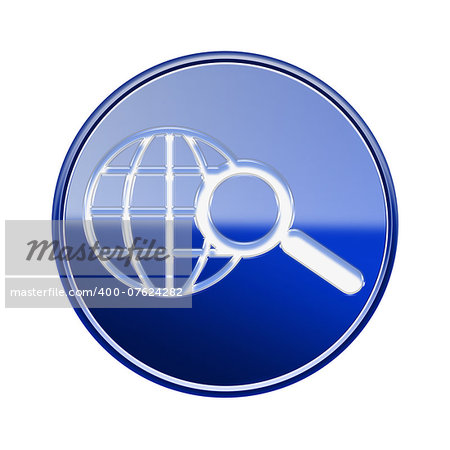 globe and magnifier icon glossy blue, isolated on white background