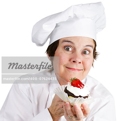 Pastry chef excited about her new creation.  Isolated on white.