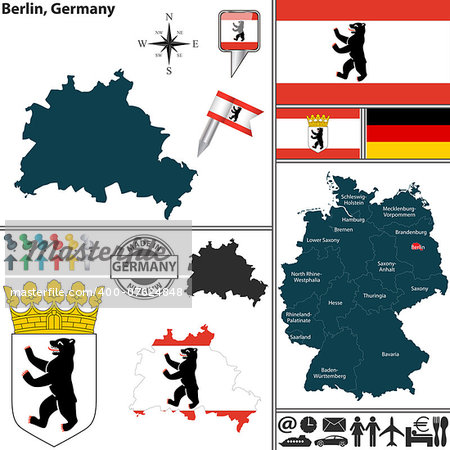 Vector map of state Berlin with coat of arms and location on Germany map