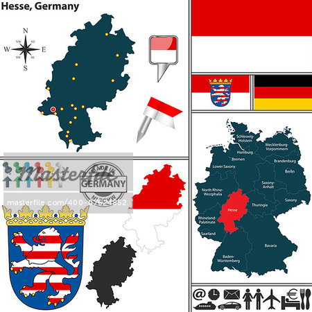 Vector map of state Hesse with coat of arms and location on Germany map