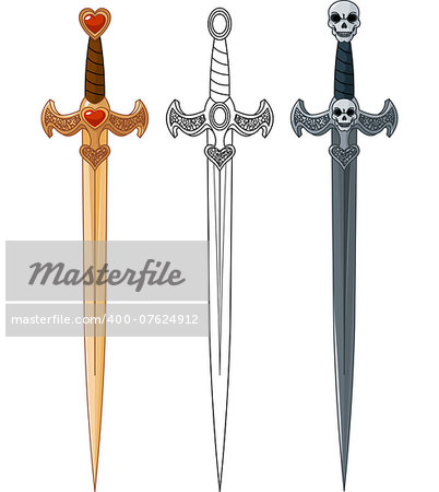 Three swords with rope bound handle and jeweled base