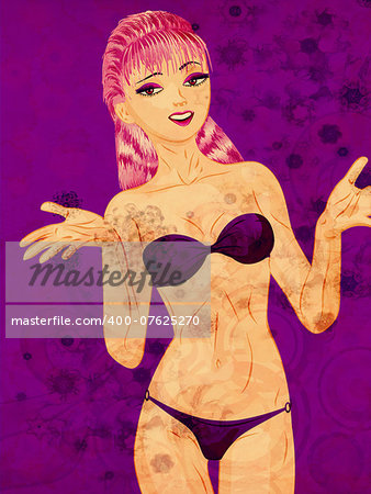 Young beautiful cartoon girl with purple hair in violet bikini on grunge background.