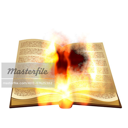 Abstract opened burning book on white background.