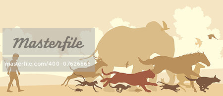 Editable vector silhouettes of diverse animals running away from an early man