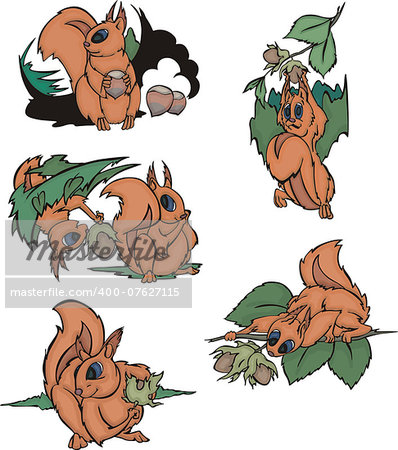 Comic squirrels holding nuts. Set of vector illustrations.