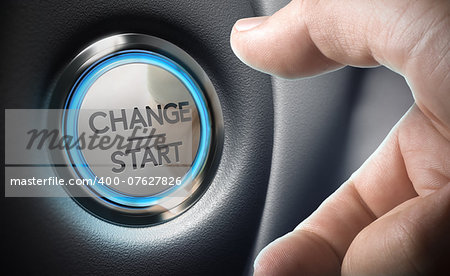 Change start button on a black dashboard background - Conceptual 3D render image with depth of field blur effect dedicated to motivation purpose.