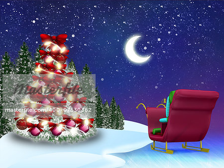 Illustration of Christmas tree and Santa's sleigh background.