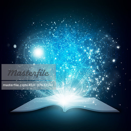 Old open book with magic light and falling stars. Dark background