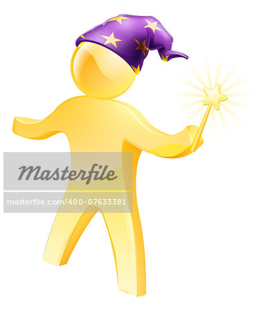 A gold wizard mascot waving a wand and wearing a purple hat