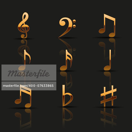 Golden musical notes. Icons set. Vector illustration.