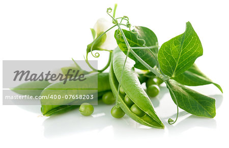 Fresh green peas with leaf and flower. Isolated on white background