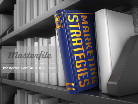 Marketing Strategies - Blue Book on the Black Bookshelf between white ones.