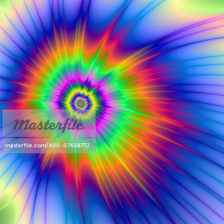 A digital abstract fractal image with a tie dye design in blue, orange, green, pink and yellow.