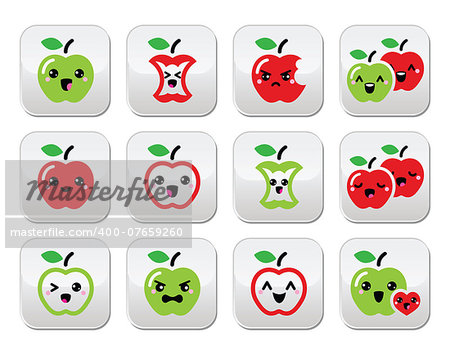 Vector buttons set of apples with different expressions - happy, sad, angry isolated on white
