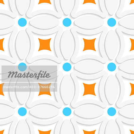 Abstract 3d seamless background. Geometric pattern with orange squares and blue dots  with cut out of paper effect.