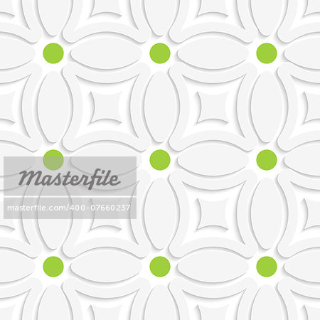 Abstract 3d seamless background. Geometric white pattern with green dots and cut out of paper effect.