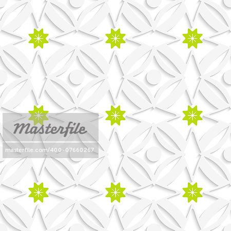 Abstract 3d seamless background. White ornament and green flowers with cut out of paper effect.