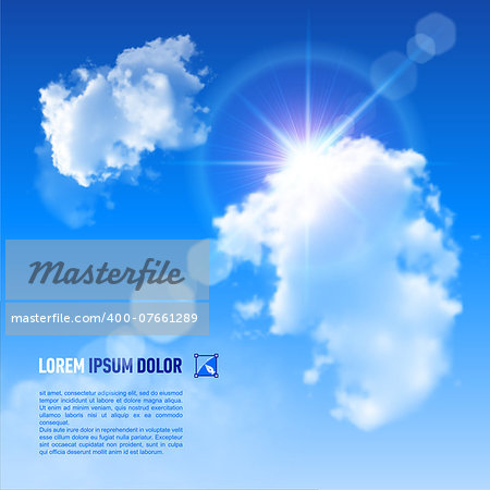 Blue Sky with fluffy clouds and brilliant Sun with a rainbow flare, vector image